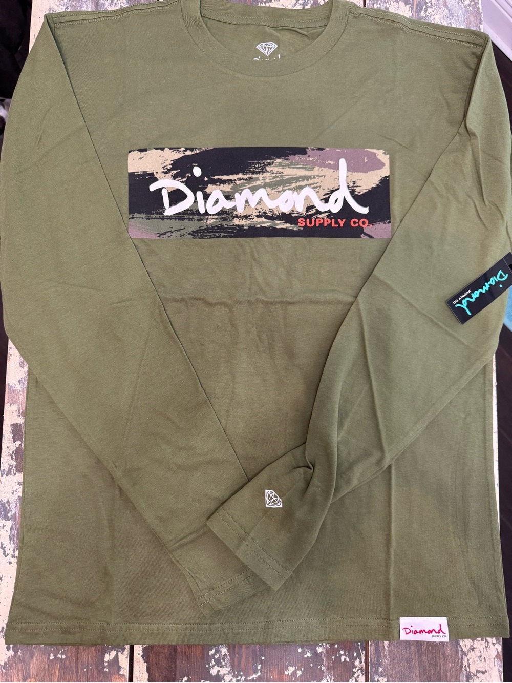 Diamond Supply Co. Olive Green Camo and White Logo Tee